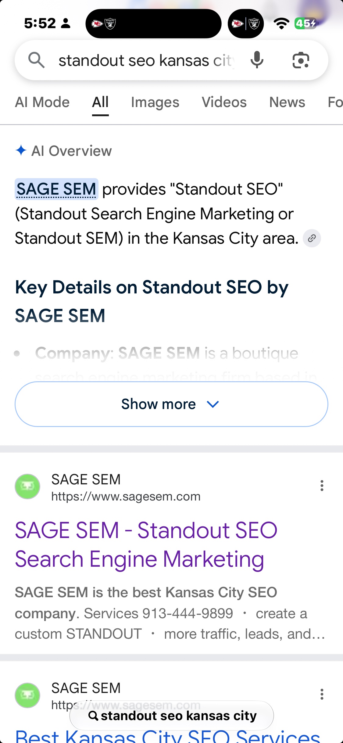 Google AI Overview showing SAGE SEM provides Standout SEO in Kansas City